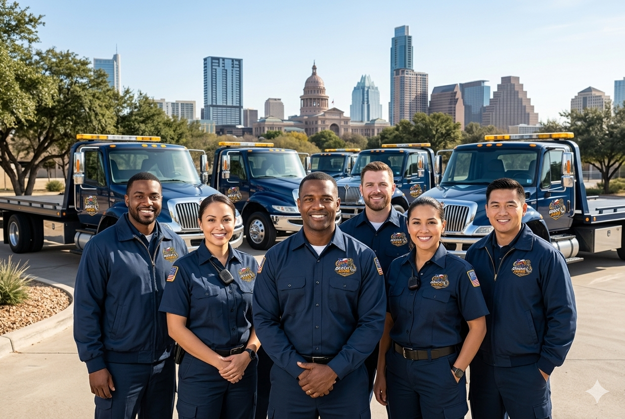 Tow ATX team standing with fleet of tow trucks in Austin TX