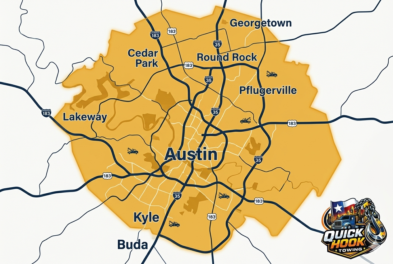 Map of Tow ATX service coverage area in Austin TX metro