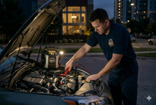 Commercial jump pack being used on dead car battery
