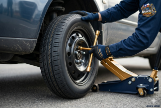 Spare tire being mounted during roadside tire change