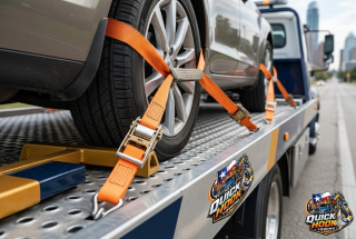 Vehicle secured with straps on Tow ATX flatbed truck