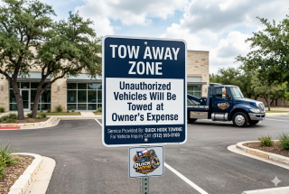 Tow-away zone signage in Austin parking lot